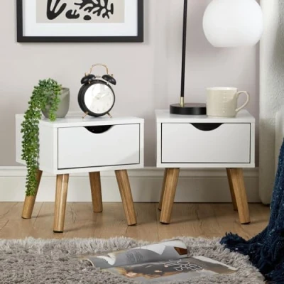 Image of Home Source Pair Of Bedside Cabinets 1 Drawer White Side Table Solid Wood Legs Modern Style