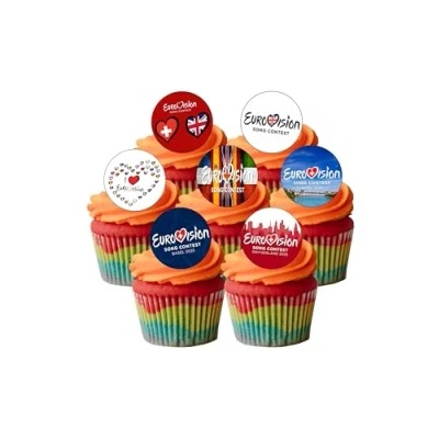 Image of 24 Precut Eurovision Song Contest 2024 Malmö, Sweden Celebration Themed Edible Wafer Paper Cake Toppers Decorations