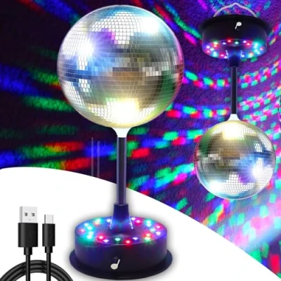Image of 6’’ Rotating Mirrors Disco Ball Light Hanging Silver Glitter with 5RPM 9RPM Adjustable Rotary Motor Base 24 RGB LED Mood Lights DJ Great for Party Dance Club Stage（USB/Battery Powered）