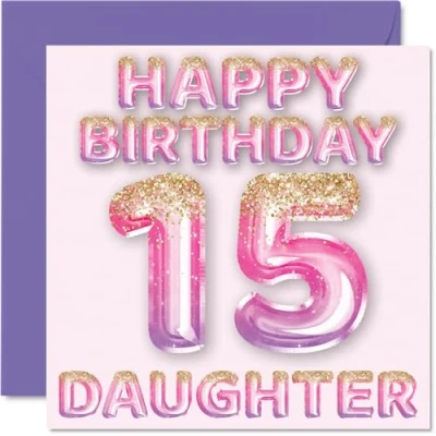 Image of 15th Birthday Card for Daughter Pink &amp; Purple Glitter Balloons Happy Cards 15 Year Old from Mum Dad Parents, 145mm x Bday Greeting Gift