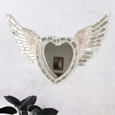 Image of Silver Mosaic Heart Angel Wings Hanging Mirror Home Decor Wall Decoration Room Art Hallway Bedroom Bathroom House Ornament Centrepiece Valentines Wedding Rustic