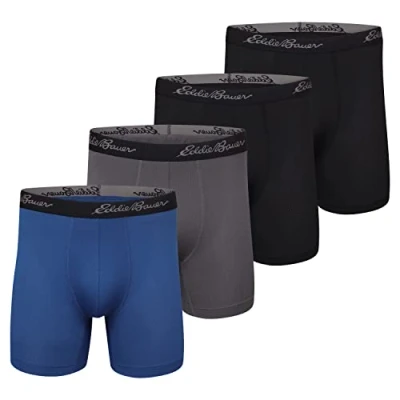 Image of Eddie Bauer Men&#039;s 5&quot; No Fly Performance Trunks (4 Pack), Mesh: 2 Black/True Blue/Cinder, Small