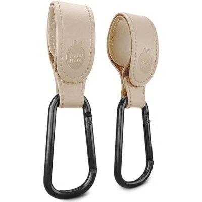 Image of Baby Uma Leather Style Buggy Clips 2 Pack of Universal Pram Clips, Non Slip Accessories, Carry up to 5 kg per Clip, Hooks for Bags, Shopping &amp; Travel Essentials (Beige)