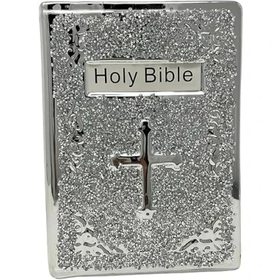 Image of Crushed Diamond Silver Holy Bible Book Sparkle Ornament, Bling Home Decor Crystal Ceramic, 25cm