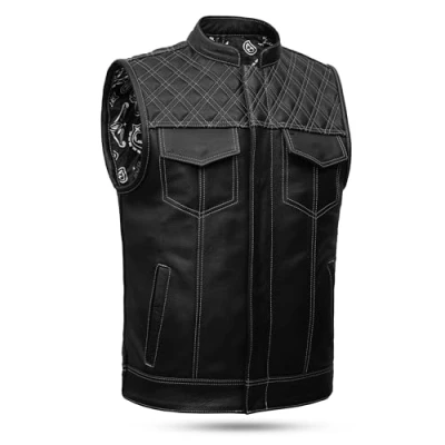 Image of Leatherick Groove Club Men’s Black Leather Motorcycle Waistcoat Traditional Paisley Satin Liner with White Diamond Stitching (UK, Numeric, 64, Regular, Regular)
