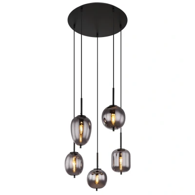 Image of Blacky Cluster Pendant Ceiling Light Matt Black Smoke Glass Shade 5x E14
