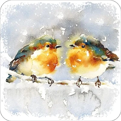 Image of Christmas Coasters, Pack of 6 cork coasters Robins. This tableware makes a lovely table decoration, by Just Cards Direct