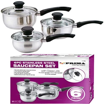 Image of 6 Pcs Stainless Steel Saucepan Essential Cookware Set with Glass Lids &amp; Sturdy Handles Pot Prima Kitchen Cook Home Chef Cooking Sauce Pan Housewarming Gifts UK Free P&amp;P, Silver