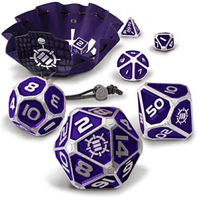 Image of ENHANCE DnD Metal Dice Set 7pc Polyhedral with 2 in 1 Vegan Leather Bag and Tray, Solid D&amp;D for Dungeons Dragons, Pathfinder, more RPGs (Collector&#039;s Edition Purple)
