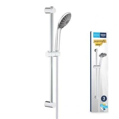 Image of GROHE Vitalio Joy 110 Massage 3 Spray Hand Shower Set (Water Saving 9.5 l/min flow Limiter 11 cm, Universal Rail 60 Silver Twist Stop Hose 1.75 m), Chrome, 27333000