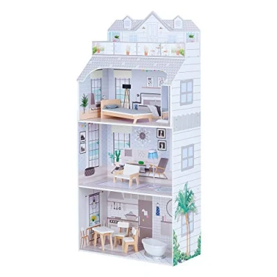 Image of Olivia&#039;s Little World Deluxe 3 Story Wooden Doll House and 8 pc. Accessory Set for 12&quot; Dolls, Grey/White