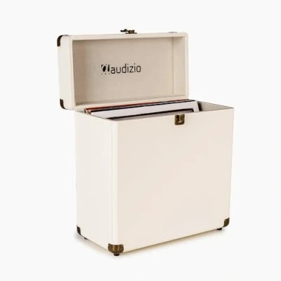 Image of Audizio RC32 Vinyl Record Storage Case Cream, Stylish LP Case, Durable Holder with Soft Flannel Lining, Holds 30 35 Records, Metal Latch, Hinge &amp; Carry Handle for Easy Transport