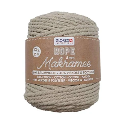 Image of Glorex 5 1007 12 Macrame Rope mm Super Soft Textile Yarn 60% Cotton / 40% Viscose for Crochet, Knitting, Knotting and Design 500 g Approx. 85 m Twisted Taupe