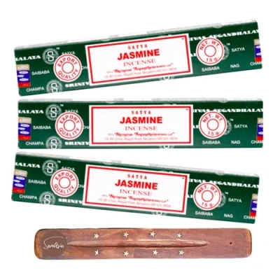 Image of Satya Nag Champa Jasmine incense sticks x3 pack with SAMASIA holder Used for Aromatherapy, Yoga, Meditation and Relaxation