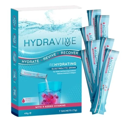 Image of Hydravive® Rehydration Electrolytes Powder High Strength Vitamin C and All 8 B Vitamins: B1, B3, B5, B12 Supplement Sachet Drink Effervescent Electrolyte Hydration Tablets 7 Pack Berry Blast