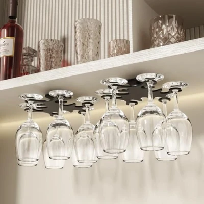 Image of Vaisoeny Wine Glass Rack, 360 Infinitely Rotating Holder, No Drilling Holders Hanging Under Shelf, Easy Installation Storage for Kitchens and Bars.(2PACK Black)
