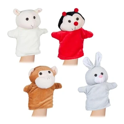 Image of Relaxdays Set of 4 Hand Puppets, for Children, Animal Toys, Monkey, Rabbit, Sheep, Ladybird, Soft Plush, Colourful, Polyester, 27 x 20 11 cm