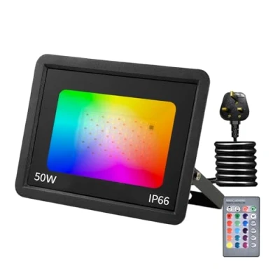 Image of Phlbao 50W LED Floodlight Outdoor, 220V Colour Changing Flood Lights with Remote Control, 12 RGB Colours, Timing, 4 Modes, IP66 Waterproof