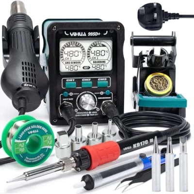 Image of YIHUA 995D+ EVO hot air Rework Station Soldering 2 in 1 with Dynamic LCD Display 3 Tips, 4 nozzles, Lead Free Solder Wire,Tweezers, desoldering Pump(UK Plug)
