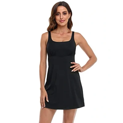 Image of HDE Womens Exercise Workout Dress with Built in Shorts Sleeveless Athletic Dresses for Golf Tennis, Black W/Bra, Medium