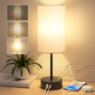 Image of STANBOW Bedside Lamps, Touch Lamps with USB A+C Charging Ports, 3 Way Dimmable LED, Table for Living Room Bedroom Gift Beige Shade Black Base (LED Bulb Included)