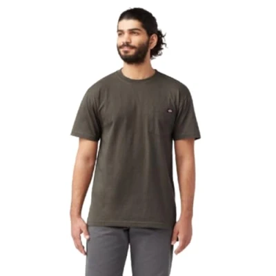 Image of Dickies Men&#039;s Short Sleeve Heavyweight Crew Neck Pocket T Shirt Henley, Black Olive, S
