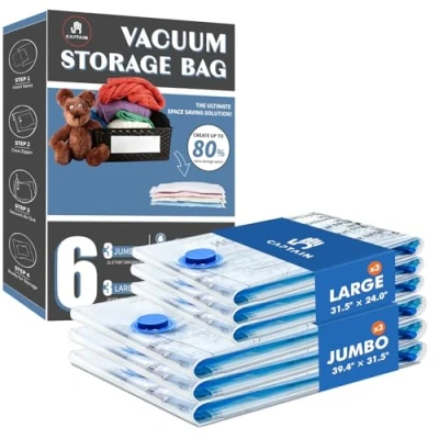 Image of CaptainFive Vacuum Storage Bags 6 Pack（3 Jumbo + 3 Large）Reusable for Clothes, Duvets, Bedding, Pillows, Seal Home Organization, Moving and