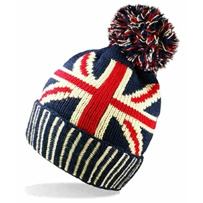 Image of Mega_JumbleSale Men&#039;s Ladies Great Britain Union Thermal Knitted Winter Warm Wear Beanie Bobble Ski Pom Hat, Blue/Red/White, One Size