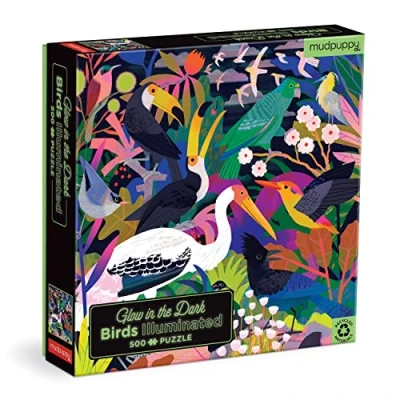 Image of Mudpuppy Bird Illuminated 500 Piece Glow in the Dark Puzzle with Colorful Scene of Birds Jungle and Hidden Details for Children Ages 8 Up
