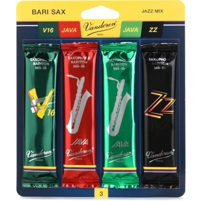 Image of Vandoren SRMIXB3 Bari Sax Jazz Reed Mix Card includes 1 each ZZ, V16 JAVA and Red Strength 3
