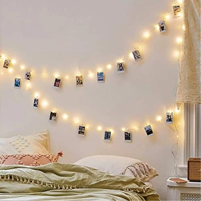 Image of GloBrite 50 LED Photo Clip String Lights 5M Peg Fairy with 30 Clips Battery Powered Aesthetic Room Decor Hanging Frames for Bedroom Wedding Birthday Decoration