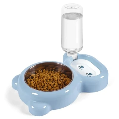 Image of Dog Bowls, Cat Food and Water Bowl Set with Dispenser Stainless Steel for Cats Small Dogs Light Blue