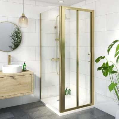 Image of Luxura® 800 x 800mm Bifold Folding Shower Enclosure Door Screen for Wet Room Cubicle Enclosures, 6mm Safety Glass Space Saving, Framed, Brushed Brass