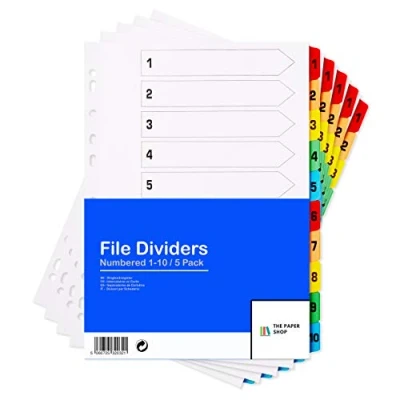 Image of File Dividers A4, 10 Part Folder for Ring Binders &amp; Lever Arch Files, Binder Subject (5 Pack)