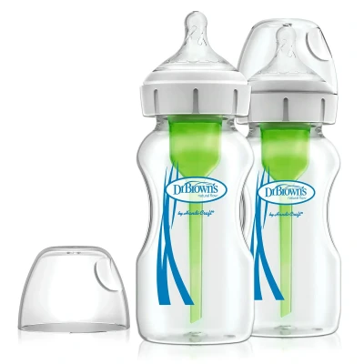 Image of Dr Brown&#039;s Natural flow Anti Colic Options+ Wide Neck Glass Baby Bottle, 9oz/270 ml, with Level 1 slow Teat, Pack of 2 Transparent (Packing May Vary)