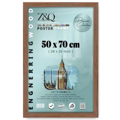 Image of Z&amp;Q Wall Mounted Poster Picture Frame Walnut 50 x 70 cm Display Painting Photo Print With HD Clear Perspex Both Ways Hanging Hooks MDF Wood 30x15mm Moulding