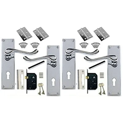 Image of Discount Hardware UK Victorian Scroll Chrome Door Handle Lock Pack with + 2 Lever Hinges (2) and Key Polished Handles Locks for Enhanced Security &amp; Style Sets of