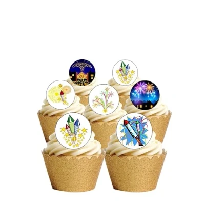 Image of 24 PRECUT Bonfire Night Fireworks Themed Wafer Paper Round Cake Toppers Decorations
