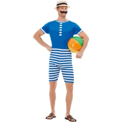 Image of Smiffys 20s Bathing Suit Costume, Blue &amp; White with Short Jumpsuit, Hat Moustache, 1920&#039;s Razzle Fancy Dress, 1920s Dress Up Costumes