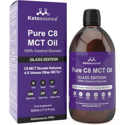 Image of Pure C8 MCT Oil Glass Bottle Boosts Ketones 4X Versus Other MCTs Highest 99%+ Lab Tested Purity 100% Coconut Sourced Supports Keto &amp; Fasting Vegan Bulletproof Coffee 500ml Ketosource®