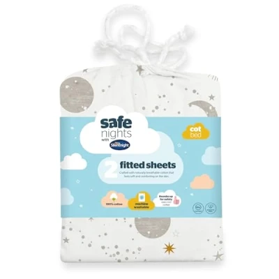 Image of Silentnight Safe Nights Cot Bed Fitted Sheets Set 100% Jersey Cotton Bedside Compatible Pack of Two Celestial Easy Care Super Soft Cuddly for Baby with Storage Bag, 70 x 140 12cm,