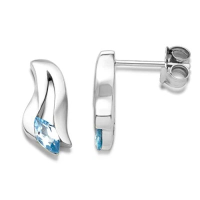 Image of Miore Women&#039;s Silver Blue Topaz Earrings Studs 925 Sterling Marquise Cut Angled Gemstone Birthstone 14.5 x 7 mm gift box included