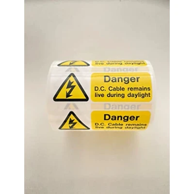 Image of iSigns Warning Signs (DC Cable Remains Live) Pack of 250 Electrical Labels on a Roll, 75x25mm, Over Laminated Self Adhesive Live DC Stickers, British HSE Standards Approved