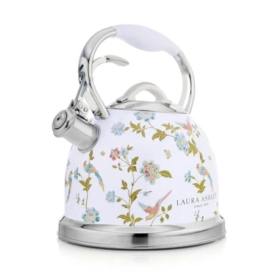 Image of Laura Ashley Elveden White Stainless Steel 3L Stove Top Kettle. Fast Boil Whistling Kettle for Gas Hob, Induction Hob. Silicon Coated Cool Handle Camping Compatible with Aga