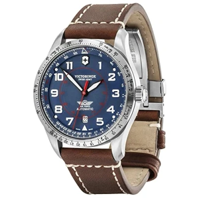 Image of Victorinox Men’s Watch Automatic AirBoss Mechanical, Ø 42 mm, Swiss Made, Water Resistant up to 100 m, Sapphire Glass, Leather Strap, Blue/Brown