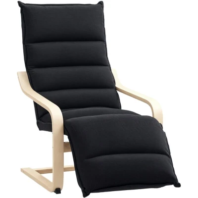 Image of HOMCOM Birch Wood Lounge Chair, Upholstered Recliner Seat with Adjustable Footrest, Modern Armchair for Living Room, Bedroom, Balcony, Office, Black