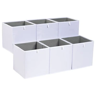 Image of Amazon Basics Collapsible Fabric Storage Cube Organiser Bins, Pack of 6, White, 26.7 x 28 cm