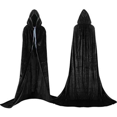 Image of Proumhang Black Hooded Cloak Maxi Cape Velvet Adult Costume Grim Reaper Vampire Party Halloween Costumes 150 cm
