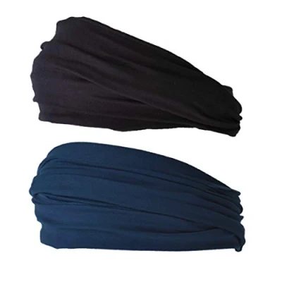 Image of CHARM Mens Elastic Japanese Headband Long Hair Bandana Womens Head Wrap Dreads Black &amp; Navy 2 Pack