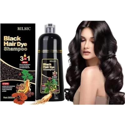 Image of Black Hair Dye Shampoo, 500ML Colour Shampoo 3 in 1, Instant Color for Grey Beard Coverage, Long Lasting Natural, Coloring Minutes Women Men